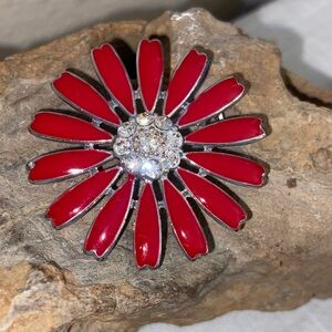 Express Red Enamel & Rhinestoned Flower Broach